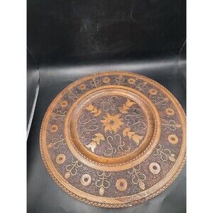 Vintage Polish Folk Art Wooden Decor Copper Inlay 12 Inches